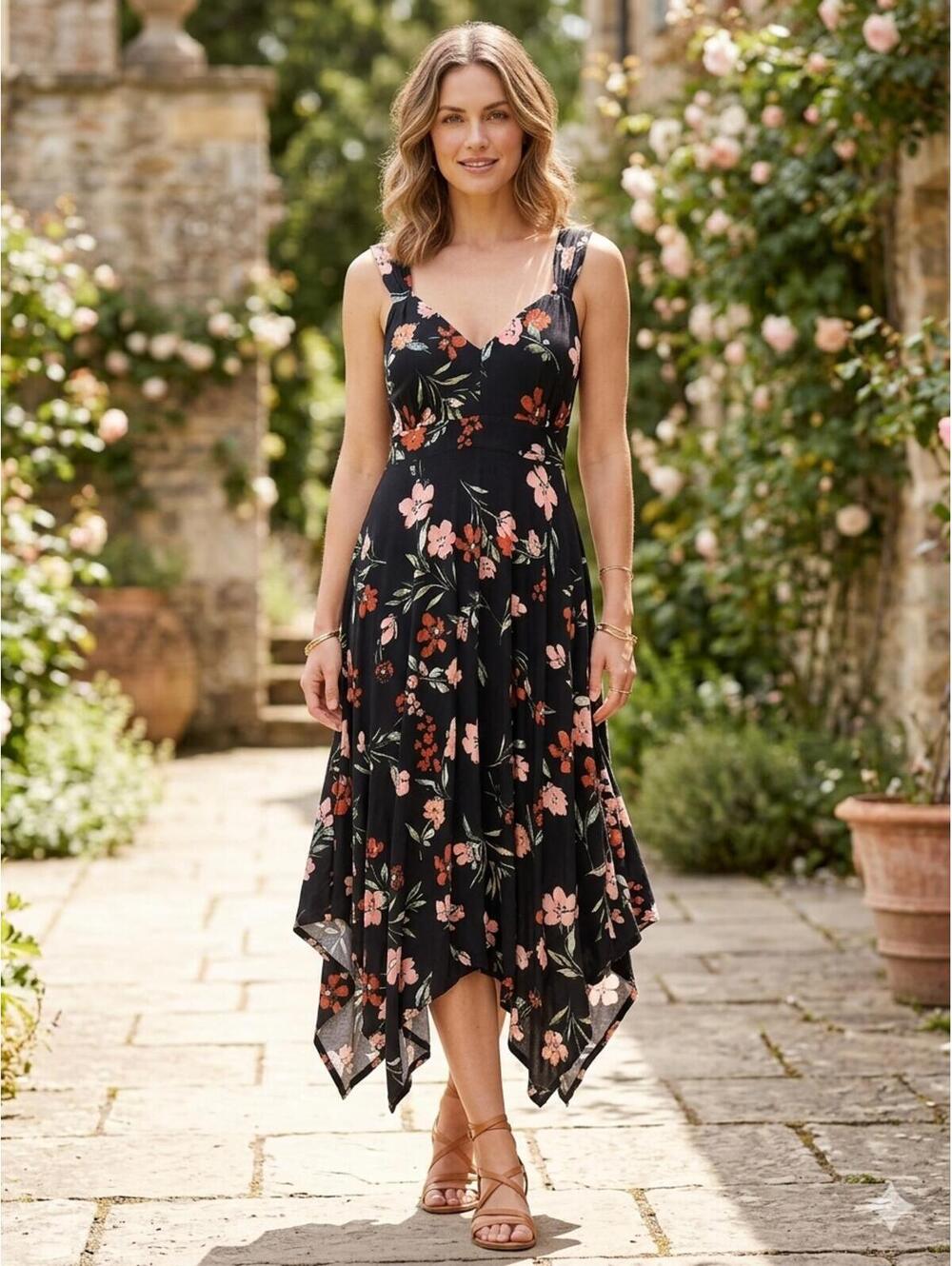 American Rag Black Midi Dress Pink & Red Floral whimsy goth